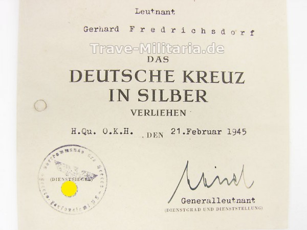 Vorläufiges Besitzzeugnis Deutsches Kreuz in Silber