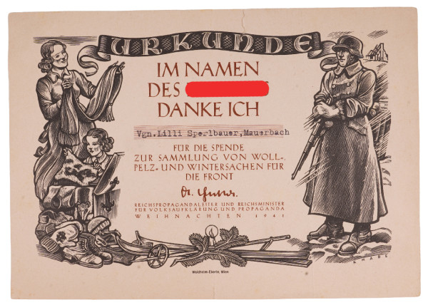 Urkunde Spendensammlung Wintersachen Sperlbeuer, Mauerbach
