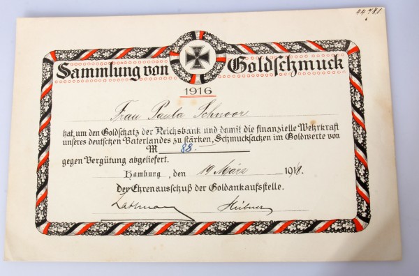 Urkunde über Sammlung von Goldschmuck 1916 Paula Schnoor