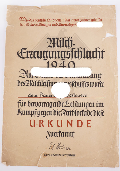 Urkunde Milch- Erzeugungsschlacht 1940 Bauer Westensee