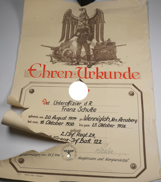 Ehrenurkunde Dienst in der Wehrmacht Res. Inf. Rgt. 122