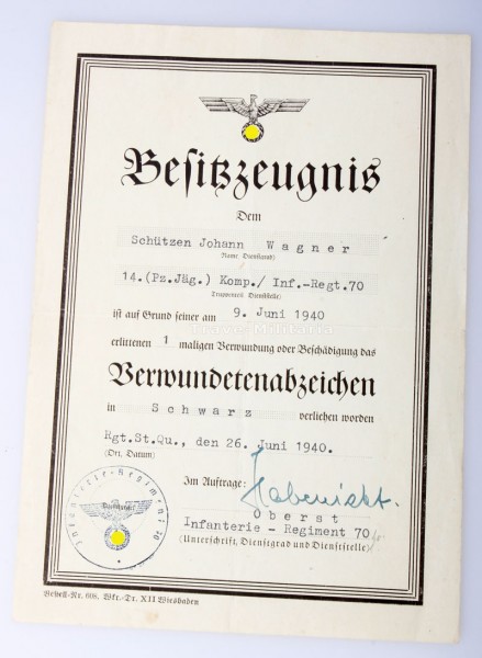 Besitzzeugnis Verwundetenabzeichen