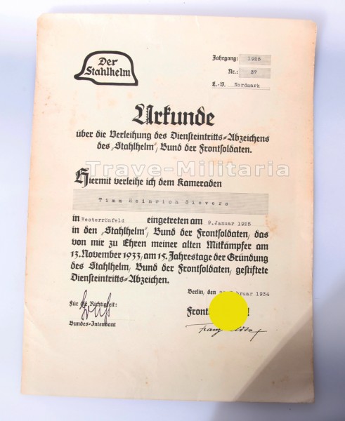 Urkunde Diensteintritts-Abzeichen Stahlhelm-Bund 1925 L.V. Nordmark
