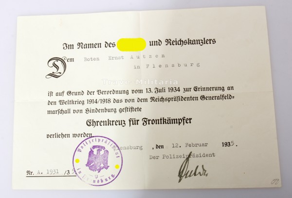 Urkunde Ehrenkreuz für Frontkämpfer Bote Ernst Autzen Flensburg