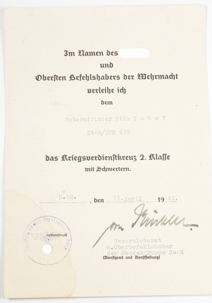Urkunde Kriegsverdienstkreuz 2.Klasse mit Schwertern Imhof