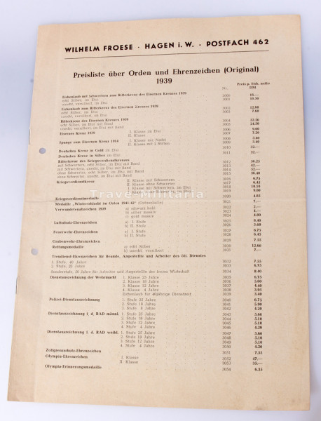 Wilhelm Froese Preisliste über Orden und Ehrenzeichen 1950er