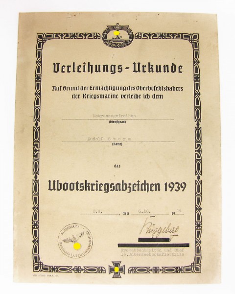 Urkunde zum Ubootkriegsabzeichen 1939