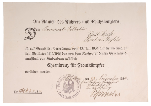Urkunde Ehrenkreuz für Frontkämpfer Kriminal-Sekretär Eick