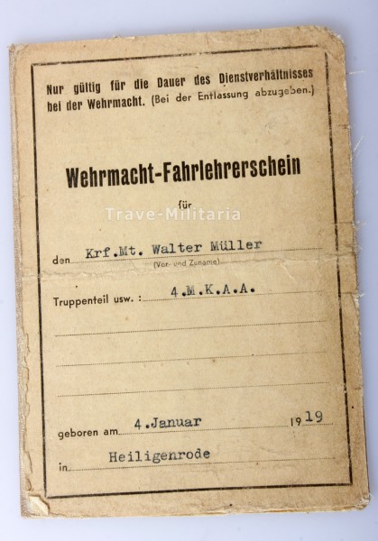 Wehrmacht-Führerschein Kraftfahr-Maat Müller