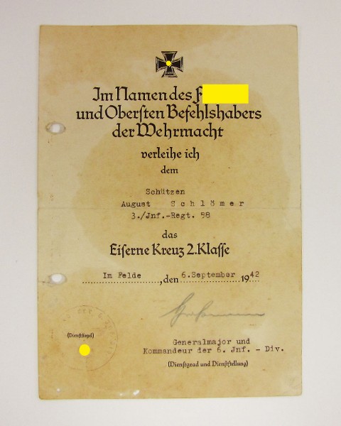 Urkunde Eisernes Kreuz 2. Klasse I.R. 58
