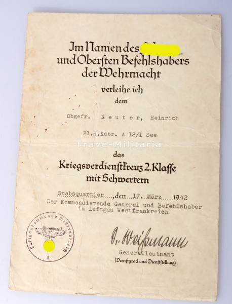Urkunde Kriegsverdienstkreuz 2. Klasse 1939 mit Schwertern Reuter FL.H.Kdtr.A 12/I.See