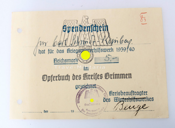 Spendenschein Kriegswinterhilfswerk 1939/40 Kreis Grimmen