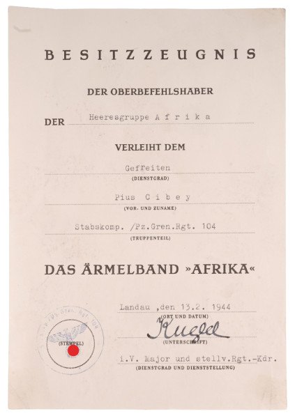 Besitzzeugnis Ärmelband "Afrika" Cibey Pz. Gren. Rgt. 104