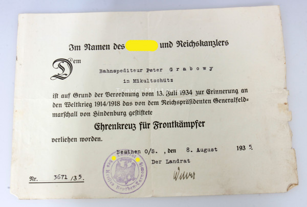 Urkunde Ehrenkreuz für Frontkämpfer Bahnspediteur Grabowy Mikultschütz