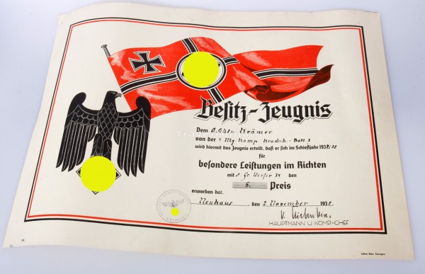 Besitzzeugnis für besondere Leistungen im Richten Krämer Kradschützen-Btl. 2