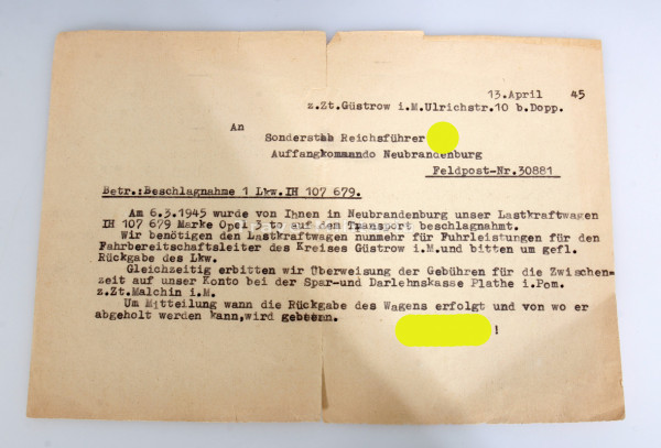 Schreiben an Sonderstab Reichsführer SS Auffangkommando Neubrandenburg