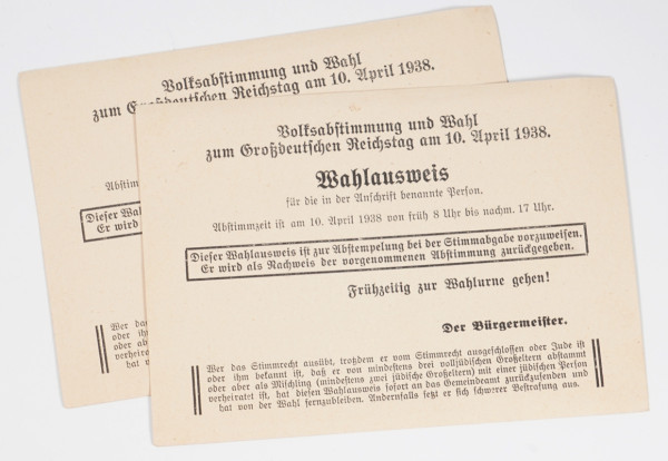 2 Wahlausweise Volksabstimmung u. Wahl 2.Großdeutschen Reichstag 1938