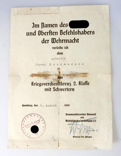 Urkunde Kriegsverdienstkreuz 2. Klasse mit Schwertern für Arbeiter