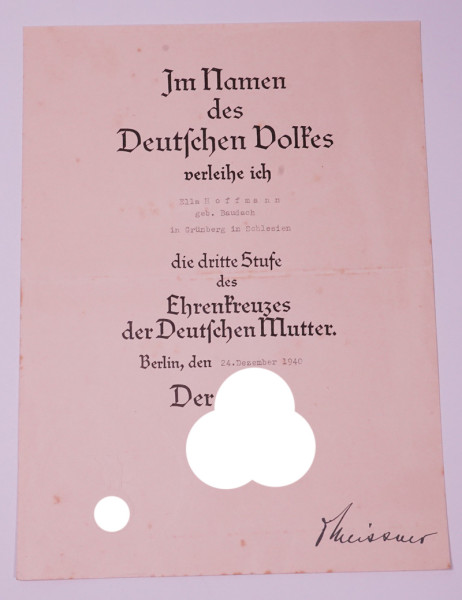 Urkunde Ehrenkreuz der Deutschen Mutter 3.Stufe Hoffmann