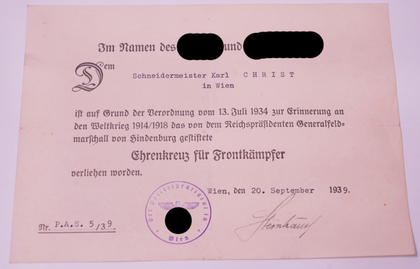 Urkunde Ehrenkreuz für Kämpfer Christ in Wien