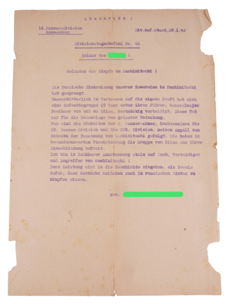 Abschrift Divisionstagesbefehl 18. Panzer-Division 28.1.42
