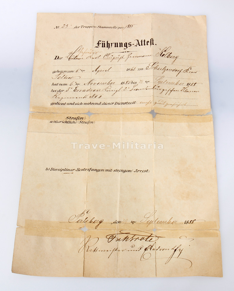 FührungsAttest Gefreiter August Kolberg UlanenRegt. II Archiv