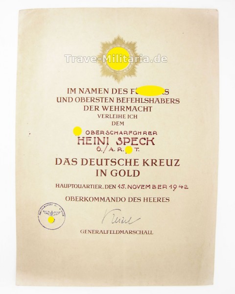 Urkunde Artillerie Regiment SS Totenkopf