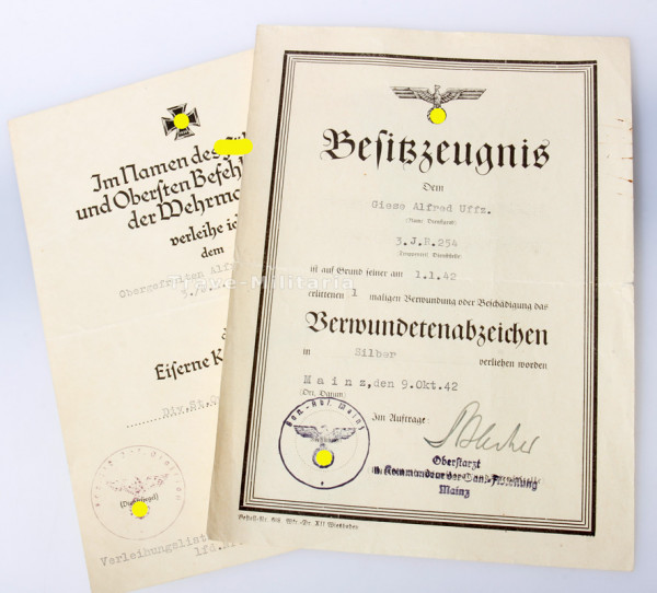 Urkundenpaar Giese I.R.254 110. Inf.-Div.