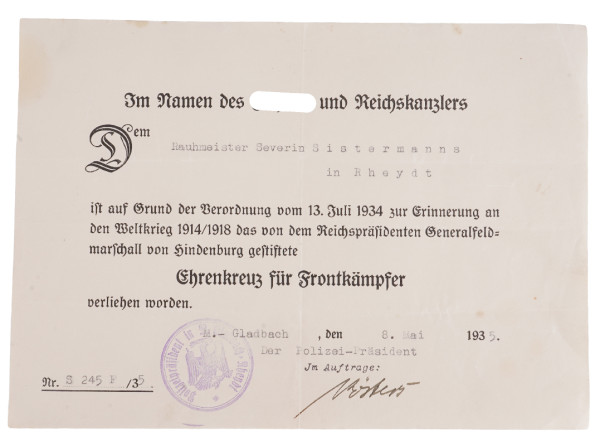 Urkunde Ehrenkreuz für Frontkämpfer Sistermann Rheydt
