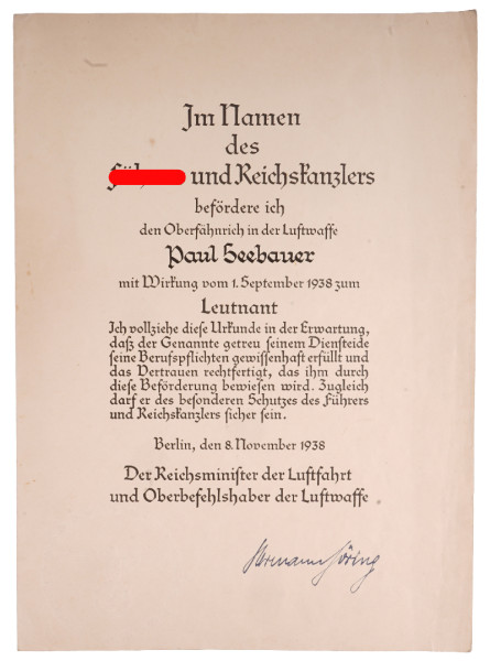 Ernennungsurkunde zum Leutnant Seebauer