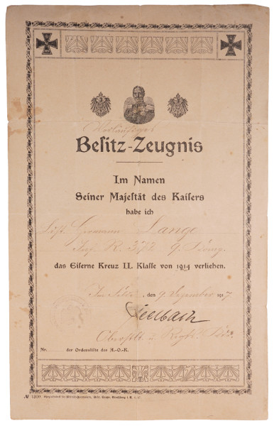 Besitzzeugnis Eisernes Kreuz 2. Klasse von 1914 Inf. Regt. 372