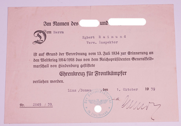 Urkunde Ehrenkreuz für Frontkämpfer Raimund Linz / Donau