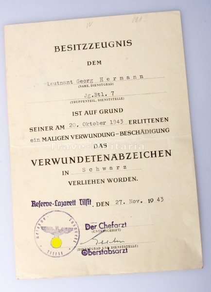 Besitzzeugnis Verwundetenabzeichen in Schwarz Leutnant Hermann Jg. Btl. 7
