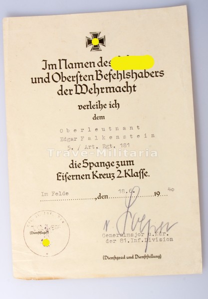 Urkunde Spange zum Eisernen Kreuz 2. Klasse Edgar Falkenstein A.R.181