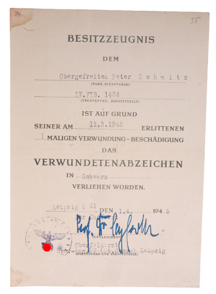 Besitzzeugnis Verwundetenabzeichen in Schwarz Schmitz