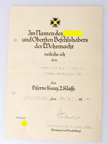 Urkunde Eisernes Kreuz 2. Klasse Roepstorff A.R.240