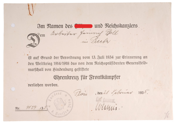 Urkunde Ehrenkreuz für Frontkämpfer Boll in Preetz