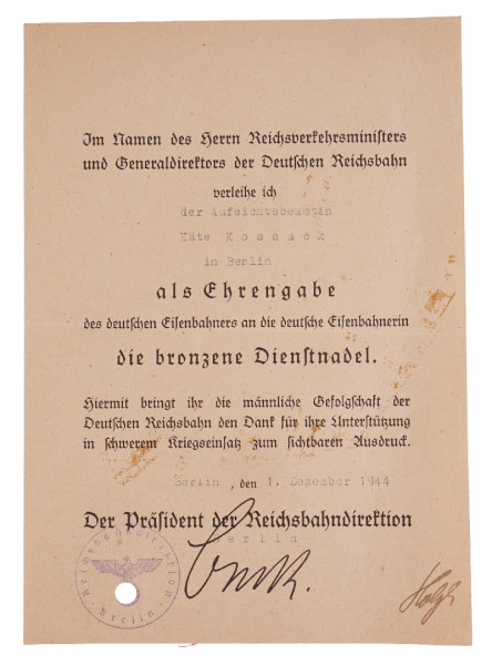 Urkunde Reichsbahn bronzene Dienstnadel Kossack Berlin