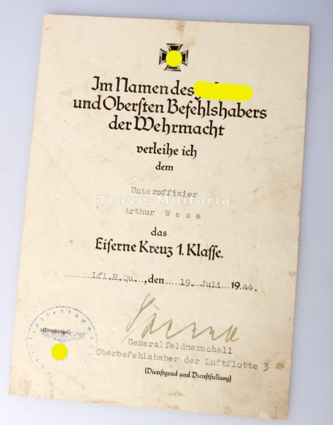 Urkunde Eisernes Kreuz 1. Klasse Wese Luftwaffe