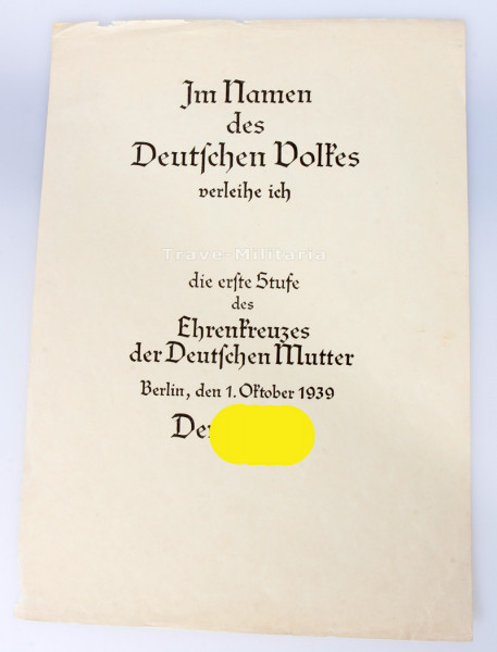 Urkunde Ehrenkreuz der Deutschen Mutter 1. Stufe