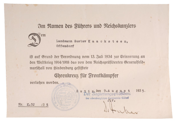 Urkunde Ehrenkreuz für Frontkämpfer Kaacksteen Offendorf