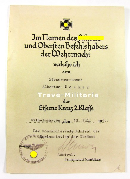 Urkunde 2. Klasse Kriegsmarine