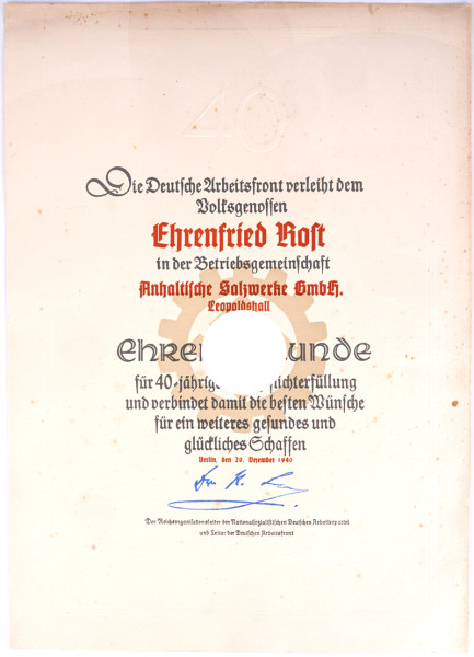 Ehrenurkunde 40 Jahre Betriebszugehörigkeit Salzwerke