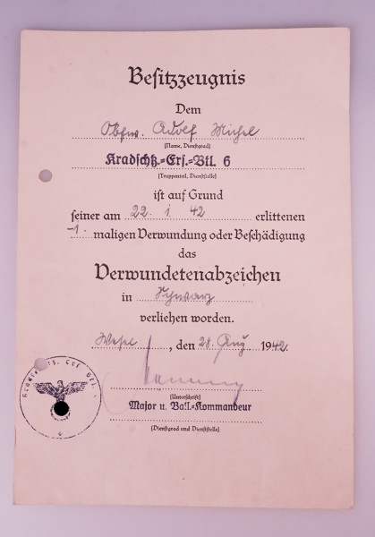Besitzzeugnis Verwundetenabzeichen in Schwarz Kradschtz.-Ers.-Btl.6