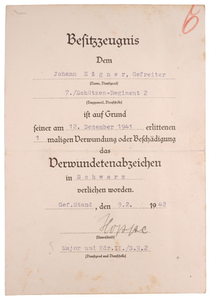 Besitzzeugnis Verwundetenabzeichen in Schwarz Eigner Schützen-Regiment 2