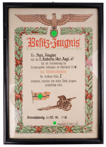 Besitzzeugnis Fengler Schützenabzeichen für Artillerie Stufe I.
