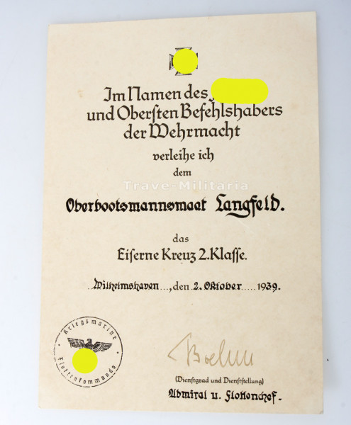 Urkunde Eisernes Kreuz 2. Klasse 1939 Oberbootsmannsmaat Langenfeld