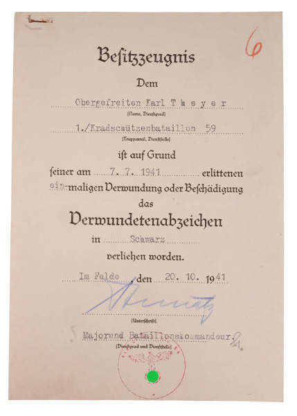 Besitzzeugnis Verwundetenabzeichen in Schwarz Theyer Kradschützenbataillon 1959