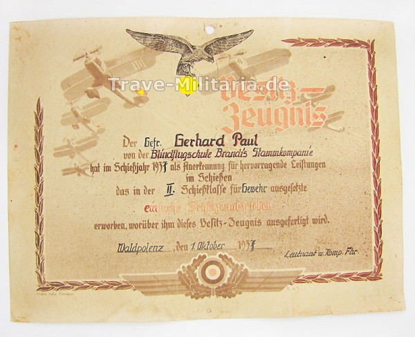 Besitzzeugnis der Luftwaffe für einfaches Schützenabzeichen