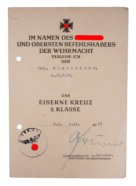 Urkunde Eisernes Kreuz 2.Klasse Hinrichsen G.R.50